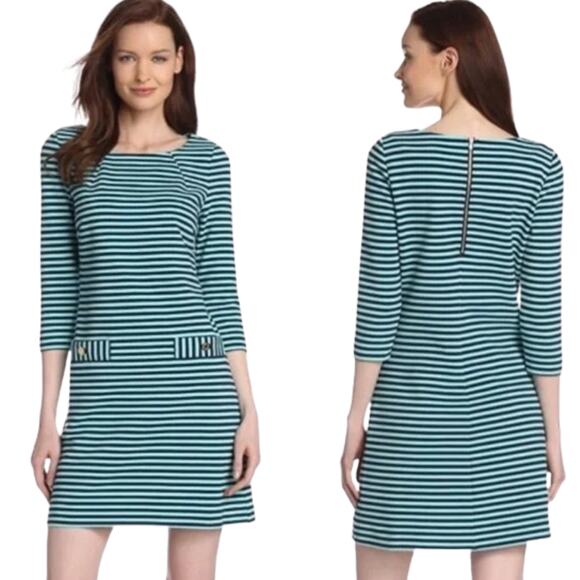 Lilly Pulitzer Womens Extra Small Charlene Shift Dress EUC Teal Navy 3/4 Sleeves - Picture 3 of 6